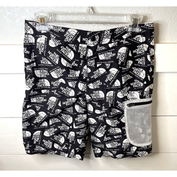 The North Face Boys L 14/16 High Class V Board Shorts‎ Black White All Over Logo - Picture 1 of 8